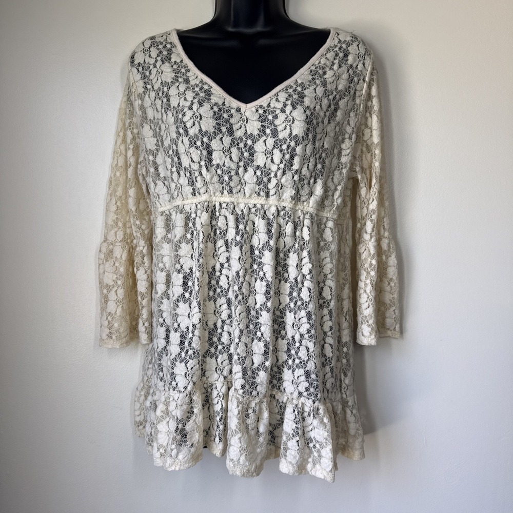 Vintage Deb Sheer Top‎ Lace Ruffle Babydoll Coquette Victorian Womens Size M 80s
